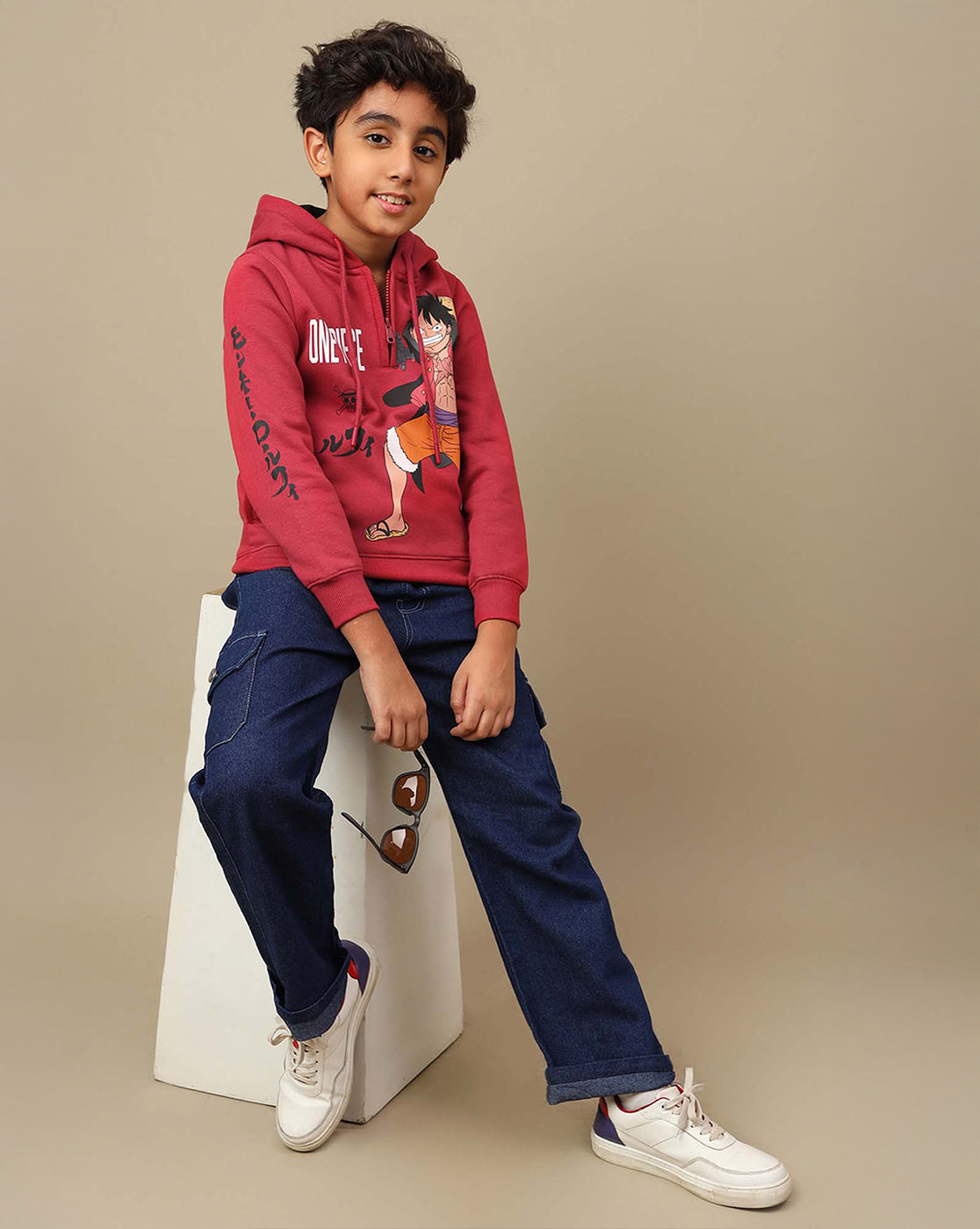 One Piece: Luffy Anime Printed Red Regular Fit Hoodie For Boys