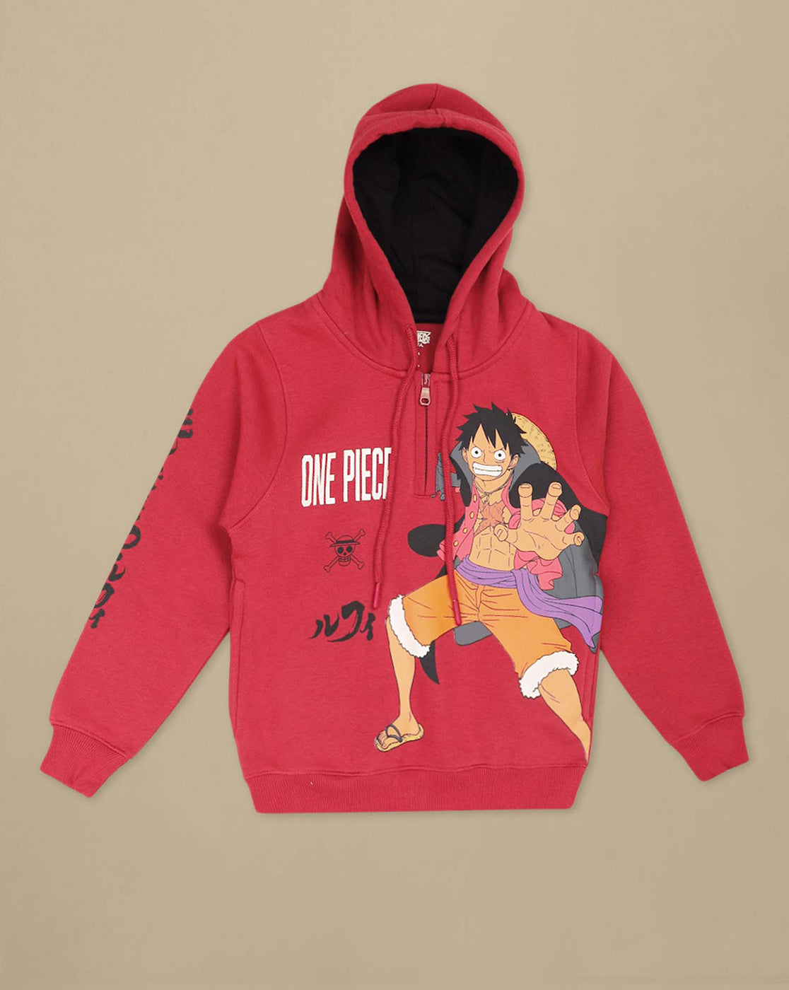 One Piece: Luffy Anime Printed Red Regular Fit Hoodie For Boys