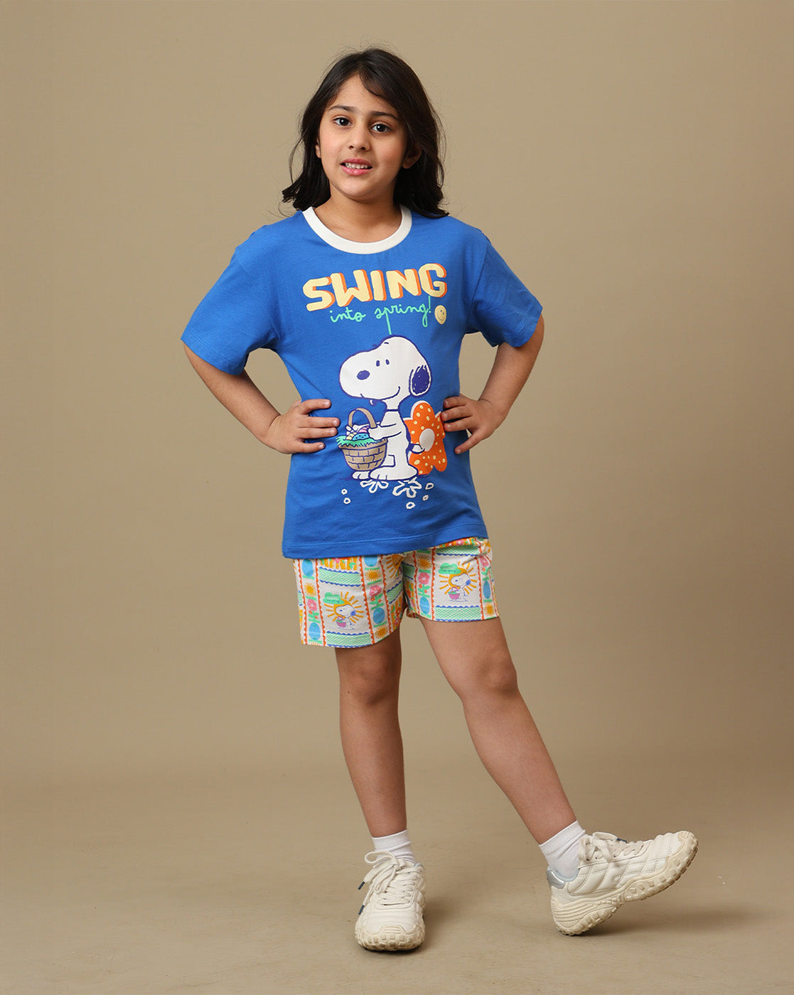 Peanuts Printed Regular Fit Tshirt & Shorts Co-Ords Set For Girls