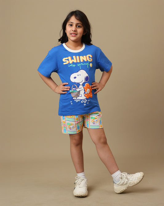 Peanuts Printed Regular Fit Tshirt & Shorts Co-Ords Set For Girls