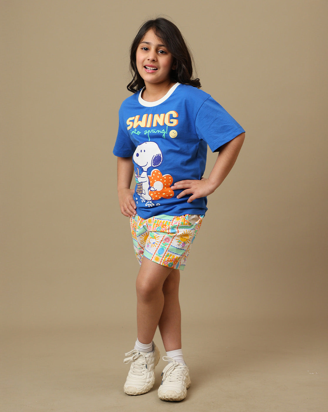 Peanuts Printed Regular Fit Tshirt & Shorts Co-Ords Set For Girls