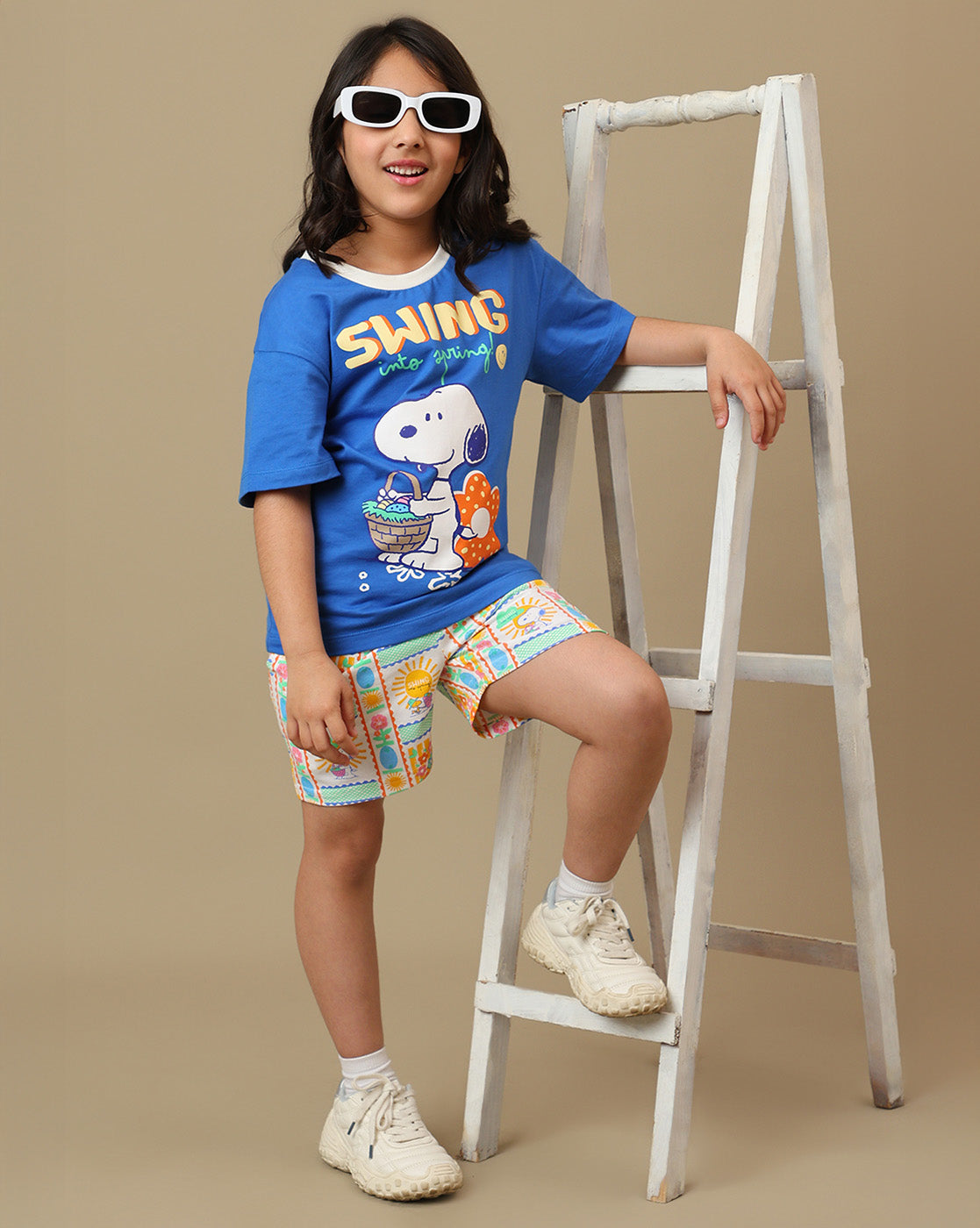 Peanuts Printed Regular Fit Tshirt & Shorts Co-Ords Set For Girls