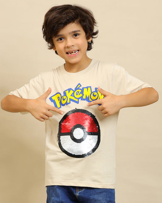Pokemon Printed Regular Fit Reversible Sequin Tshirt For Boys