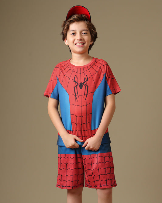 Spiderman Printed Regular Fit T-Shirt & Shorts For Boys