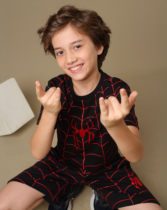 Spiderman Printed Regular Fit T-Shirt & Shorts For Boys