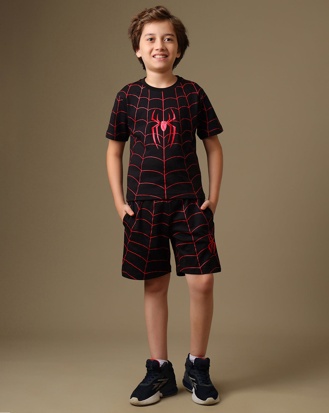 Spiderman Printed Regular Fit T-Shirt & Shorts For Boys