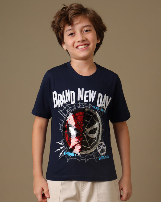 Spider-Man Printed Regular Fit  Reversible Sequin Tshirt For Boys