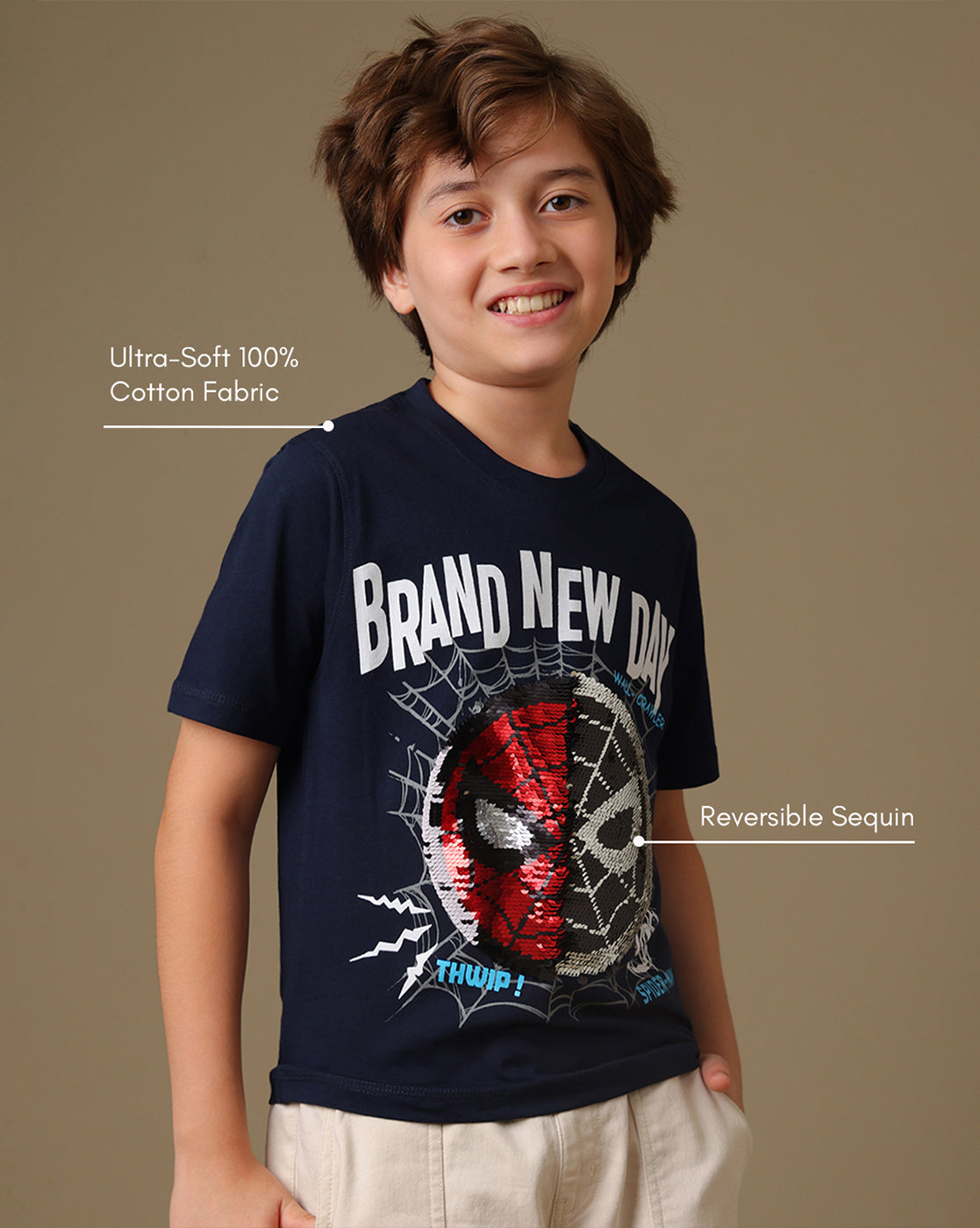 Spider-Man Printed Regular Fit  Reversible Sequin Tshirt For Boys
