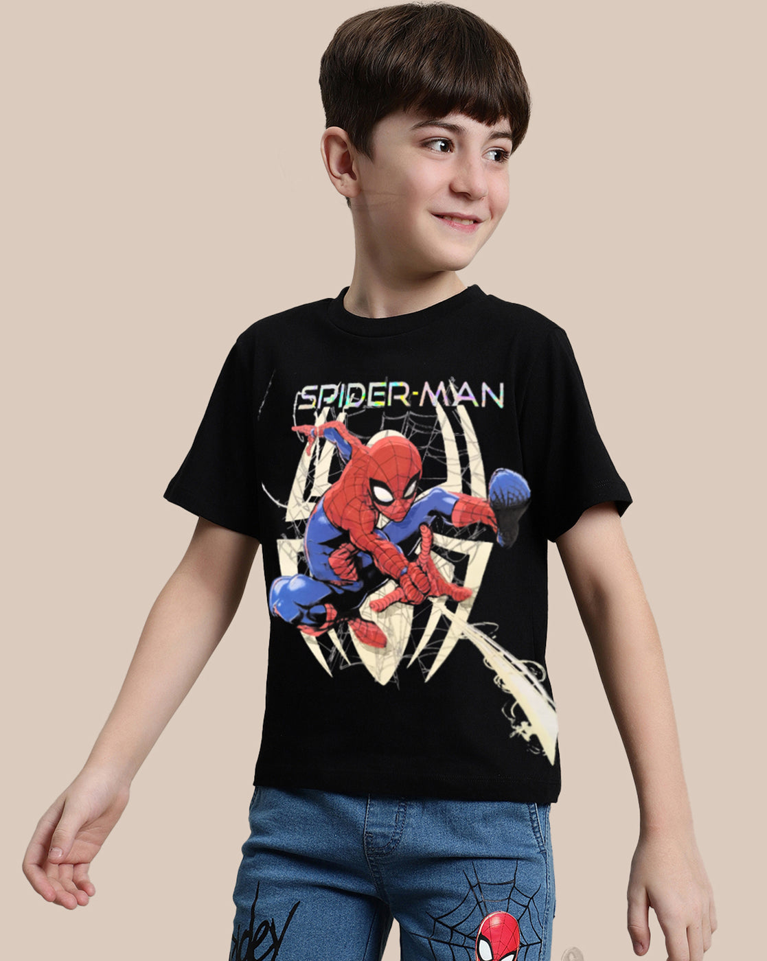 Spiderman Regular Fit Crew Neck Black Tshirt For Kids Boys