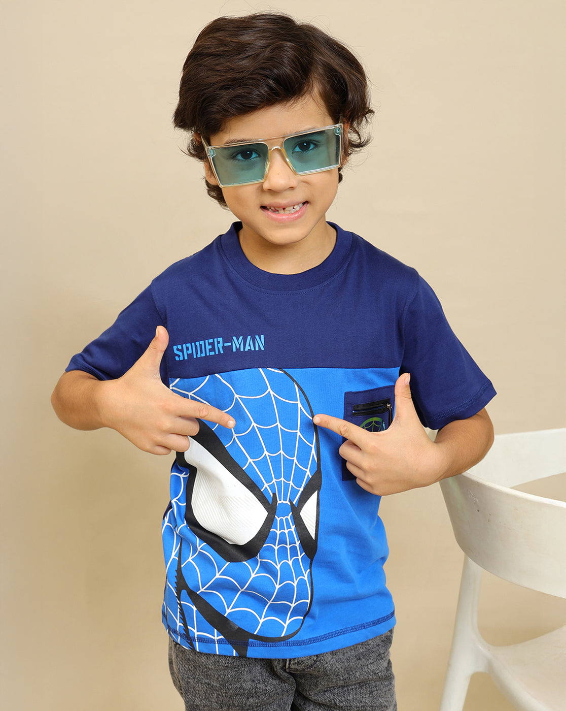 Spiderman Printed Regular Fit Tshirt with Zip Pocket For Boys