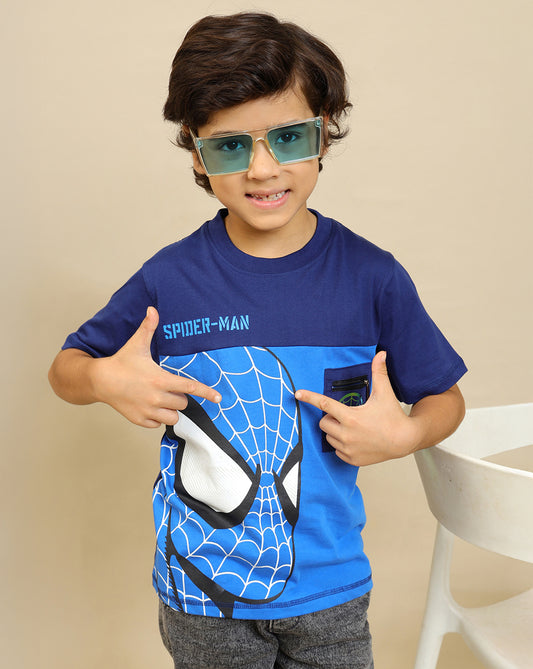 Spiderman Printed Regular Fit Tshirt with Zip Pocket For Boys