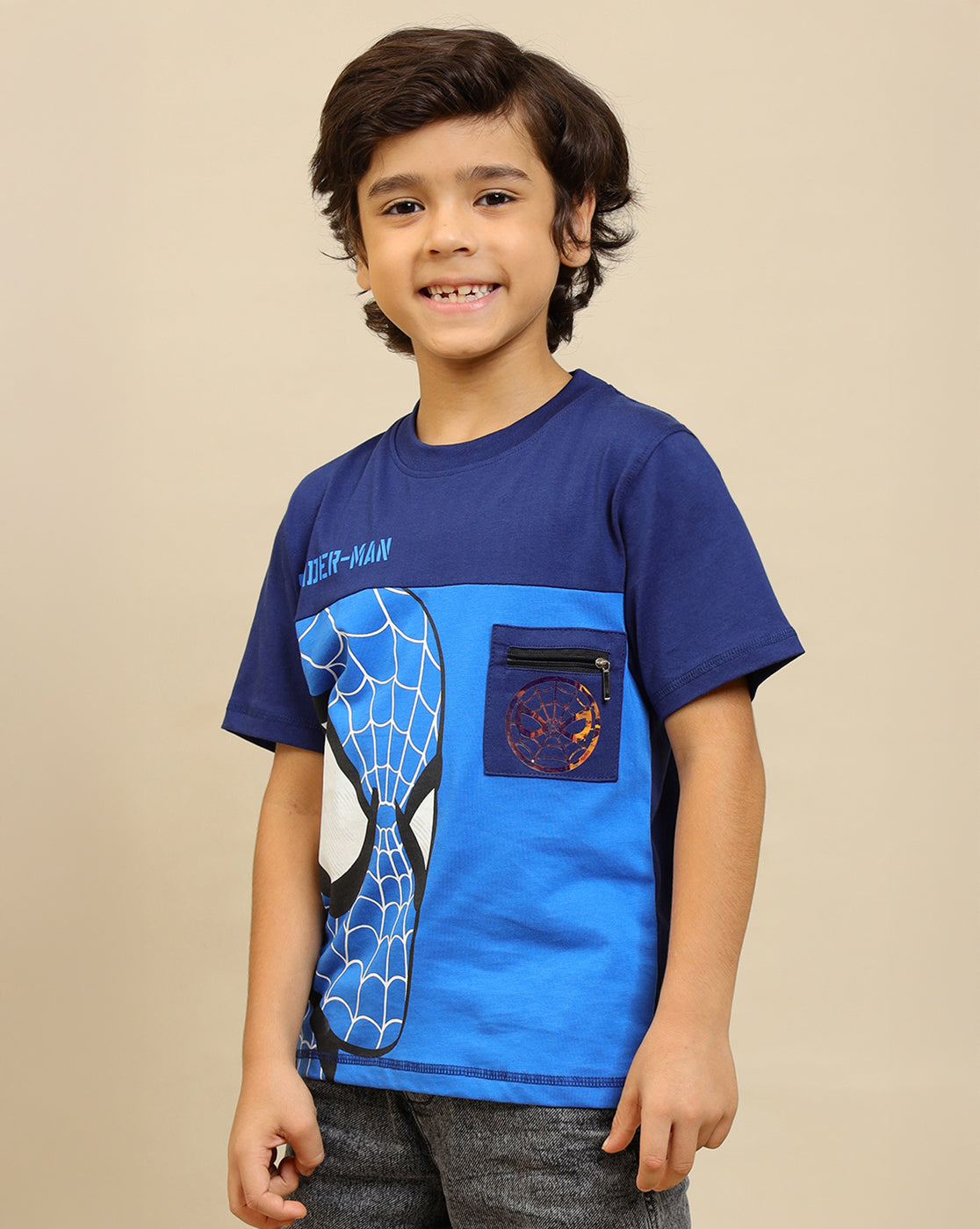 Spiderman Printed Regular Fit Tshirt with Zip Pocket For Boys