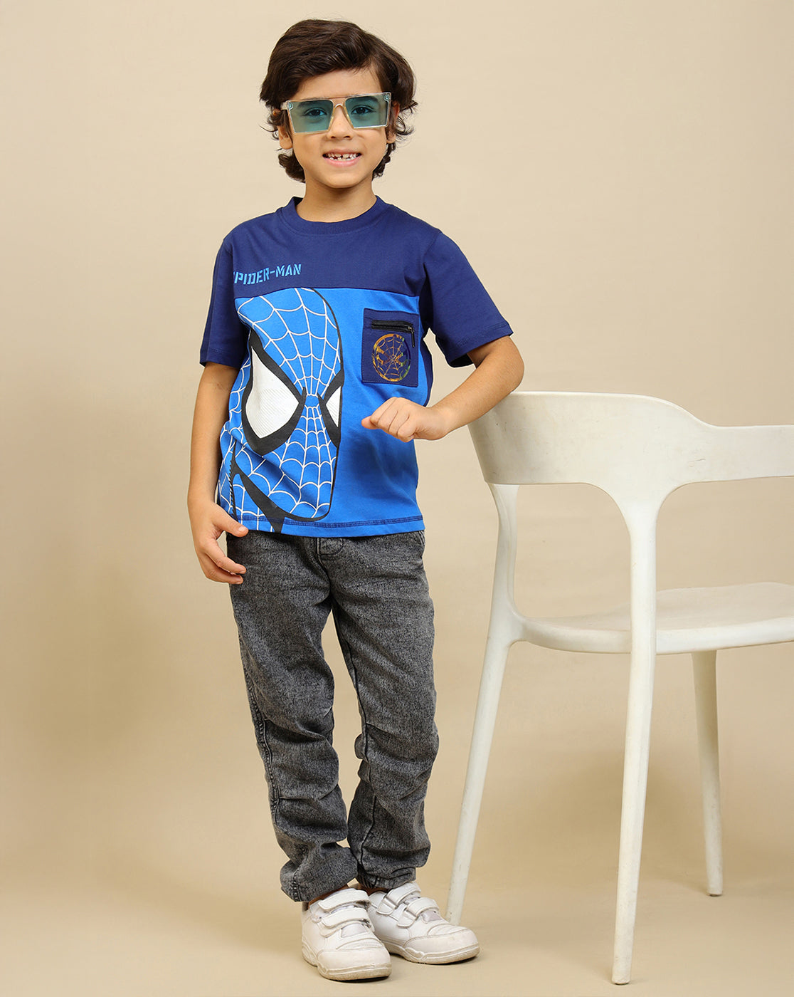 Spiderman Printed Regular Fit Tshirt with Zip Pocket For Boys
