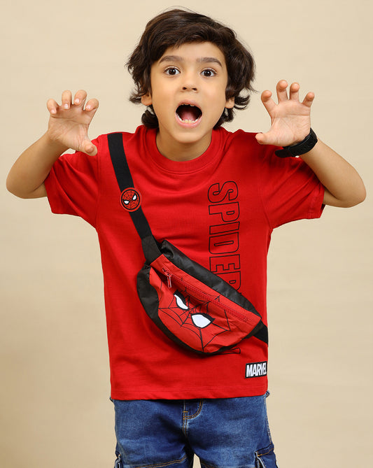 Spiderman Printed Regular Fit Tshirt with Pouch Bag For Boys