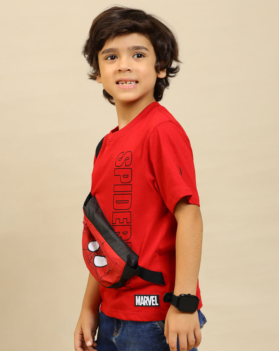 Spiderman Printed Regular Fit Tshirt with Pouch Bag For Boys