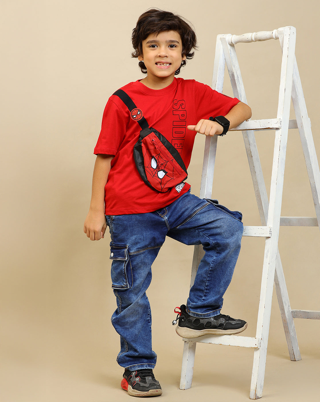 Spiderman Printed Regular Fit Tshirt with Pouch Bag For Boys