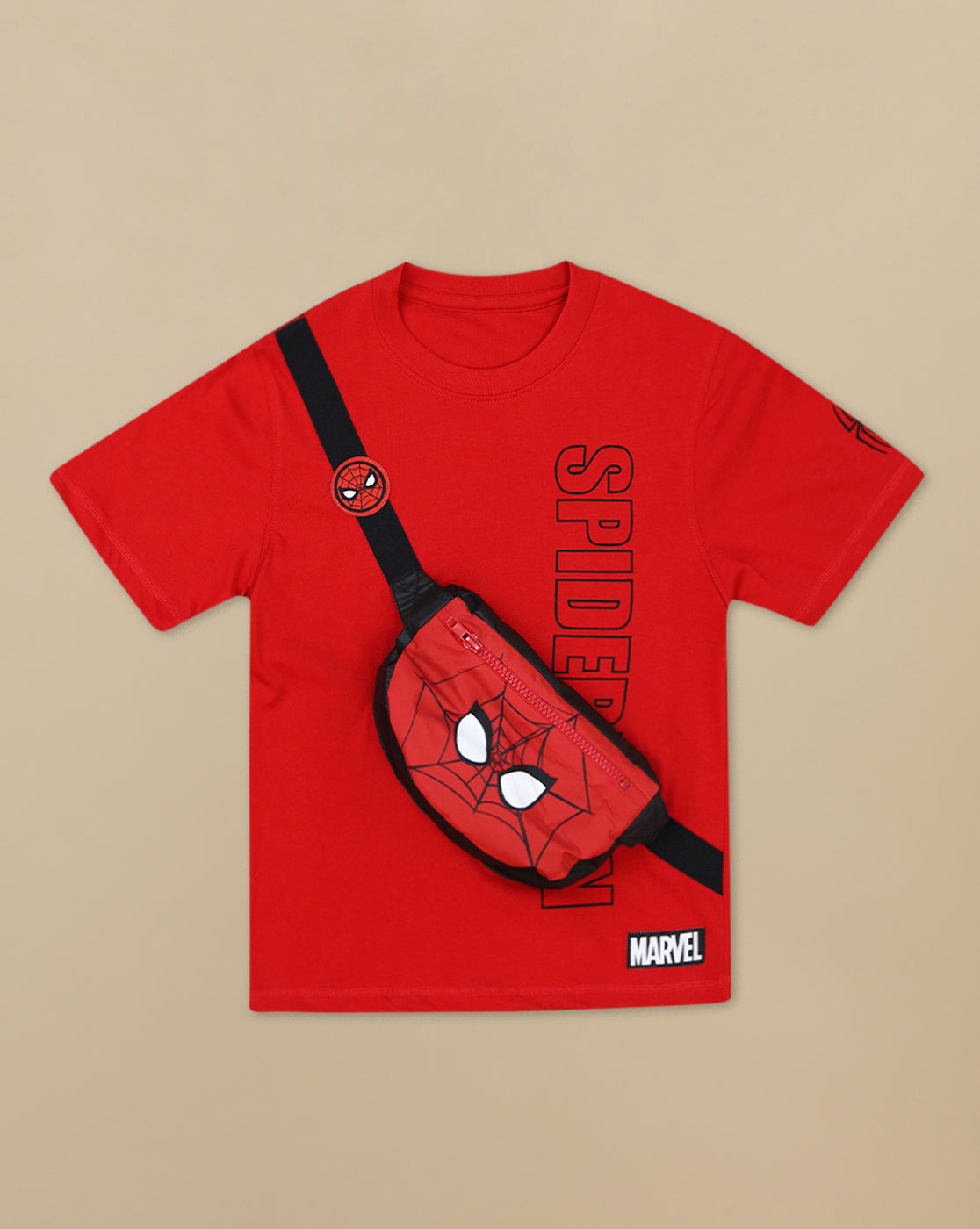 Spiderman Printed Regular Fit Tshirt with Pouch Bag For Boys