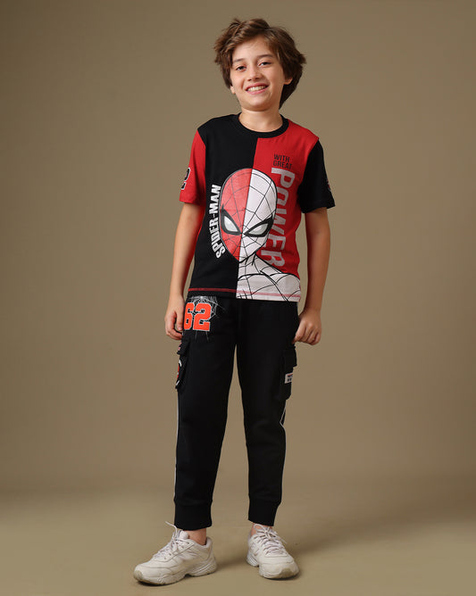 Spiderman Printed Regular Fit  T-Shirt and Joggers For Boys