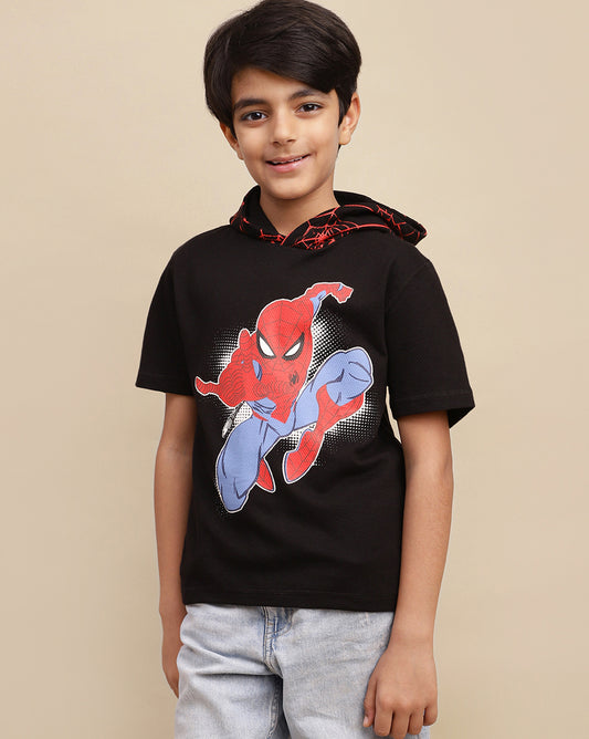 Spiderman Printed Regular Fit Hooded Tshirt For Boys
