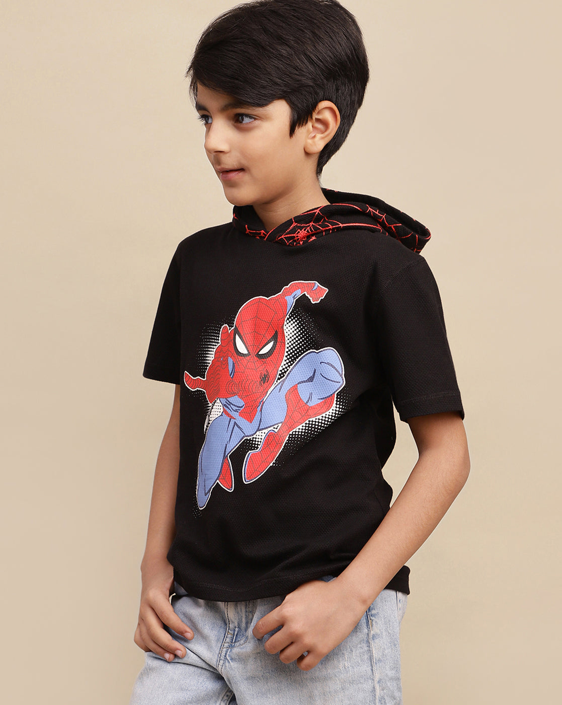 Spiderman Printed Regular Fit Hooded Tshirt For Boys