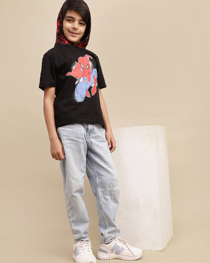 Spiderman Printed Regular Fit Hooded Tshirt For Boys