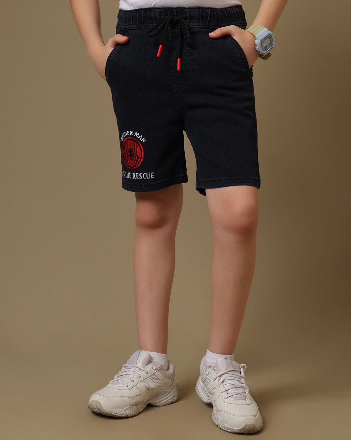 Spiderman Embroidered Regular Fit Denim Shorts For Boys