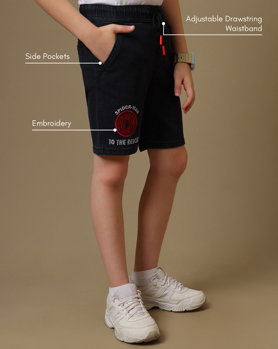 Spiderman Embroidered Regular Fit Denim Shorts For Boys