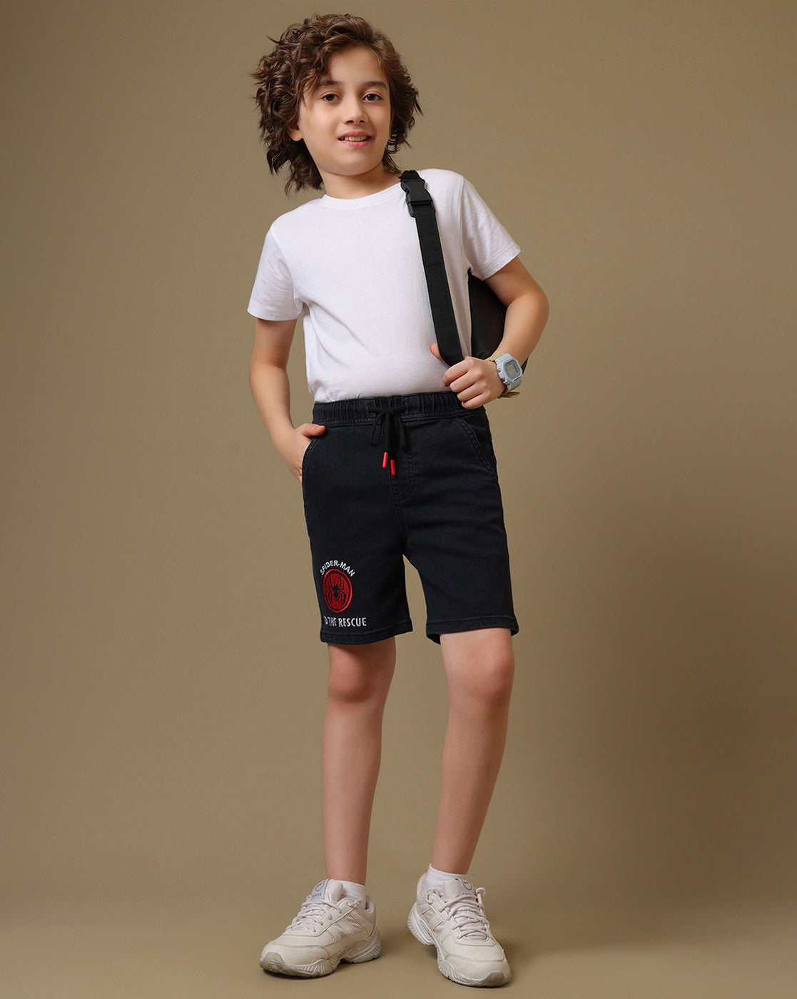 Spiderman Embroidered Regular Fit Denim Shorts For Boys