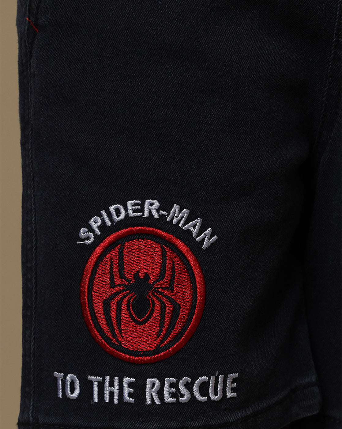 Spiderman Embroidered Regular Fit Denim Shorts For Boys