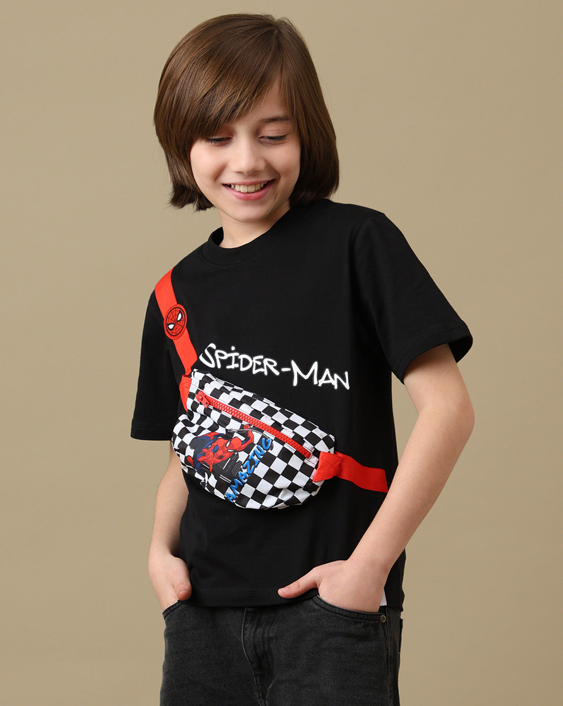 Spiderman Graphic Printed Regular Fit Tshirt with pouch bag For Boys