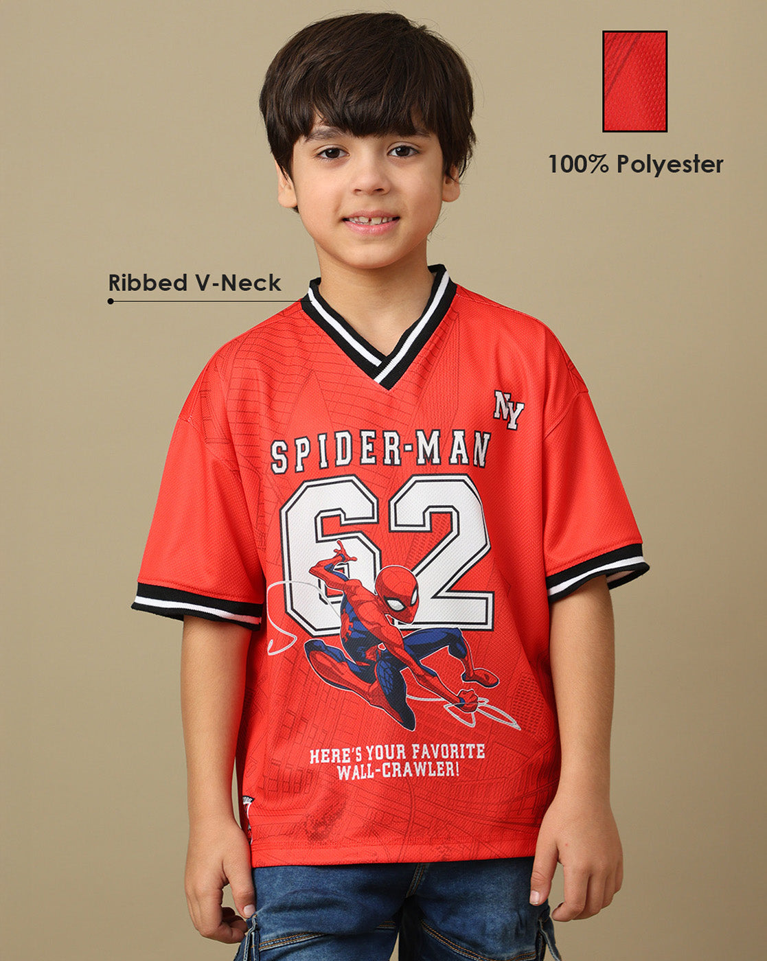 Spiderman Printed Oversized V-Neck Polyester Tshirt For Boys