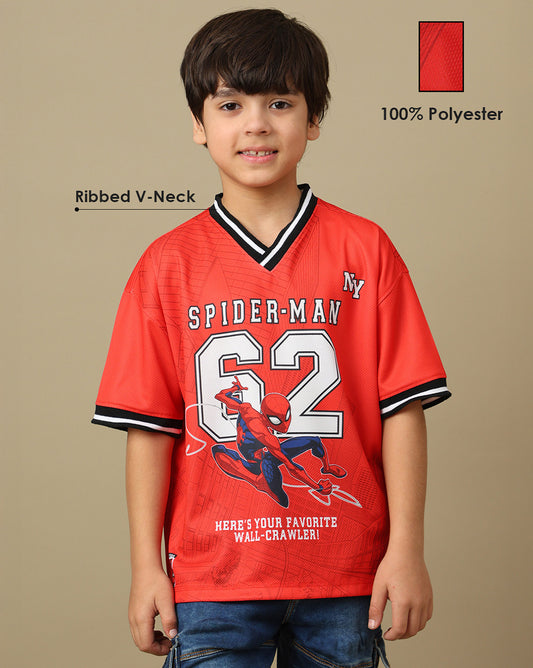 Spiderman Printed Oversized V-Neck Polyester Tshirt For Boys