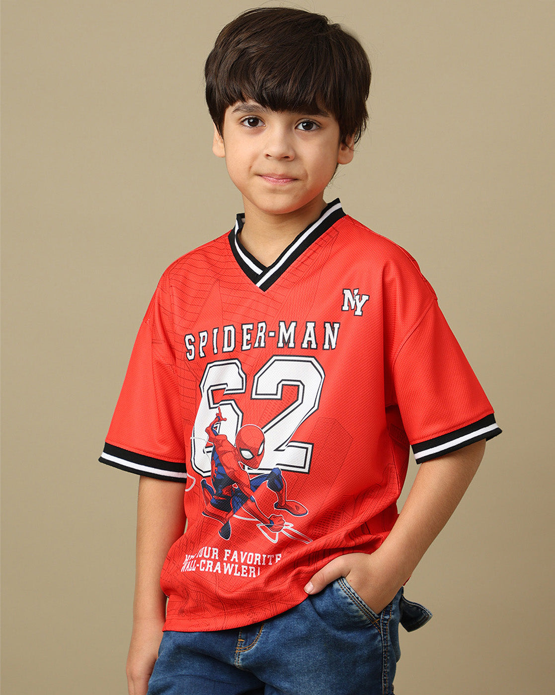 Spiderman Printed Oversized V-Neck Polyester Tshirt For Boys