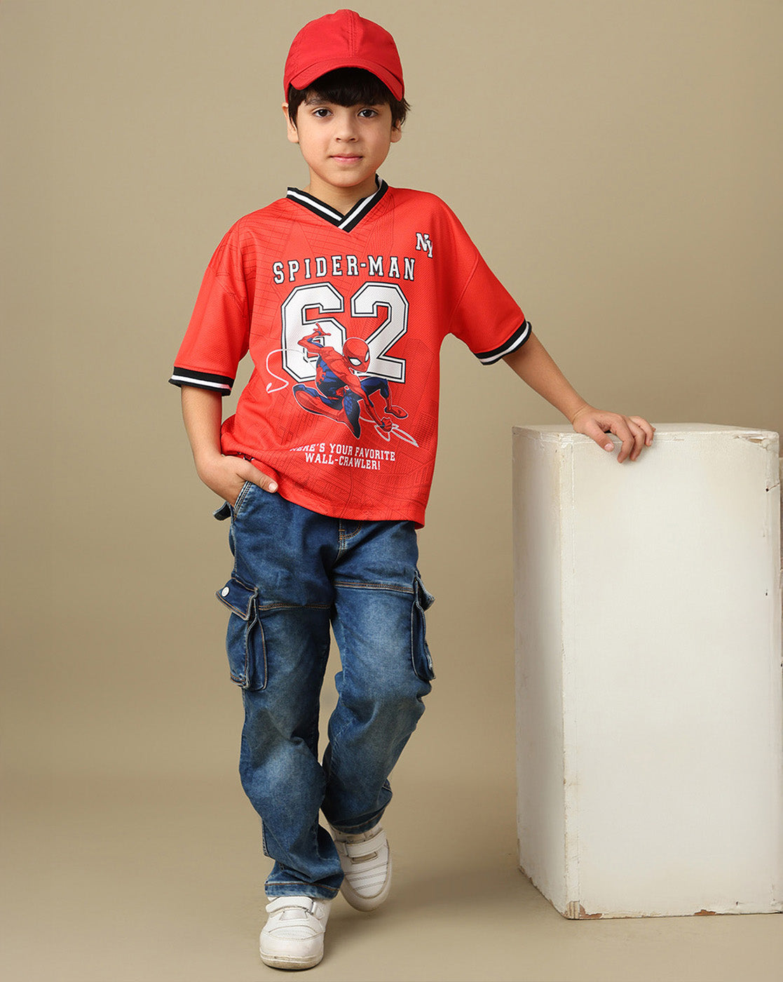 Spiderman Printed Oversized V-Neck Polyester Tshirt For Boys