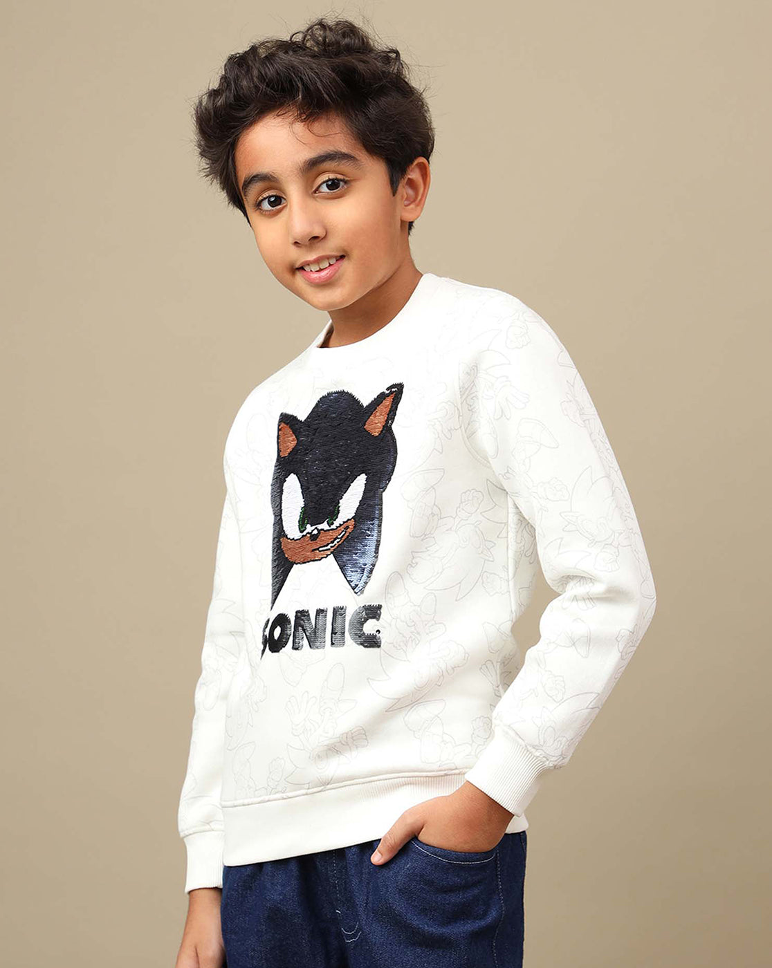 Sonic Modern Printed Regular Fit Reversible Sequin Sweatshirt For Boys