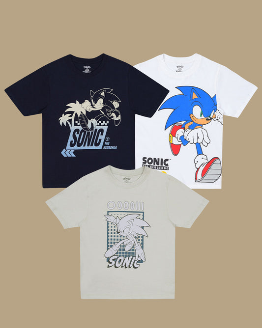 Sonic  Printed Pack Of 3 Regular Fit T-Shirts For Boys