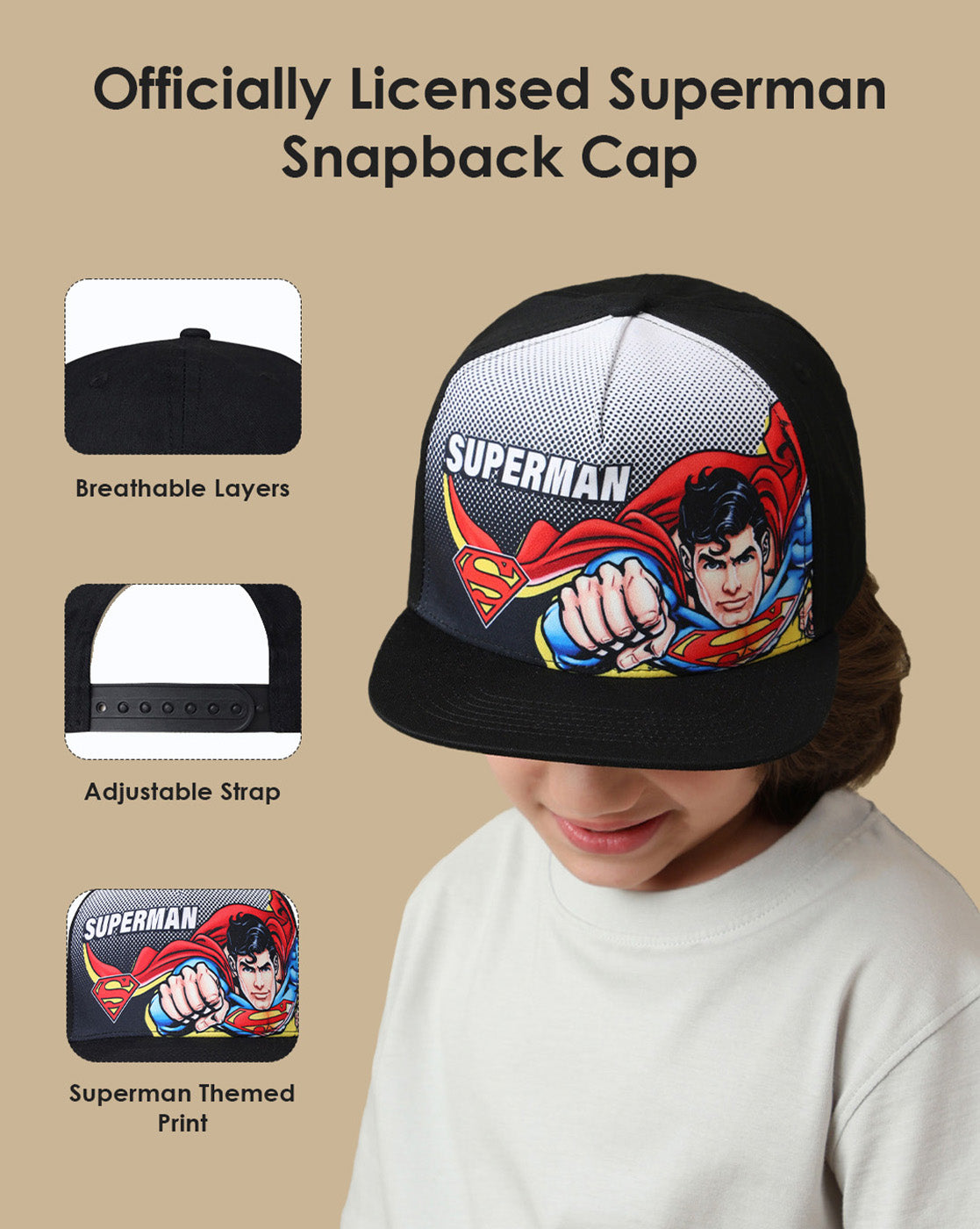 Superman Printed Snapback Cap For  Boys