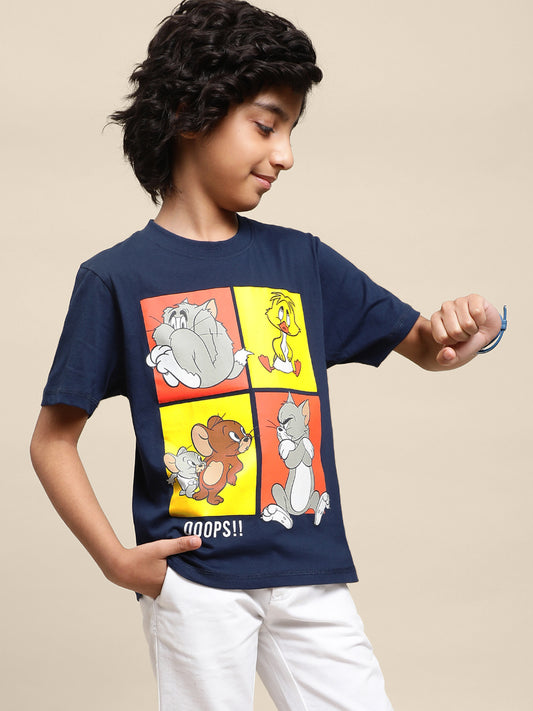 Kids Boys Tom & Jerry Blue Printed T-Shirt