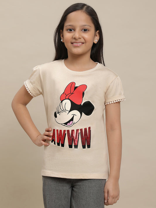 Kidsville Mickey & Friends Printed Brown Tshirt For Girls